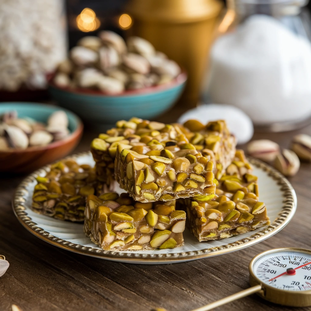 A close-up of pistachio crispy pieces arranged on a plate with golden caramel and green pistachios.