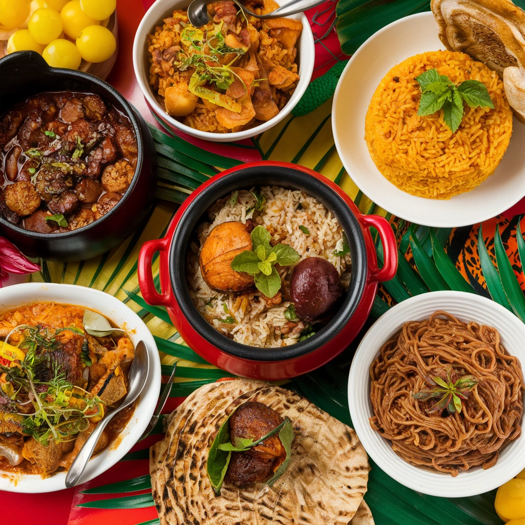 A vibrant table filled with traditional Guyanese dishes like Pepperpot, Cook-up Rice, and Roti, surrounded by tropical decorations.