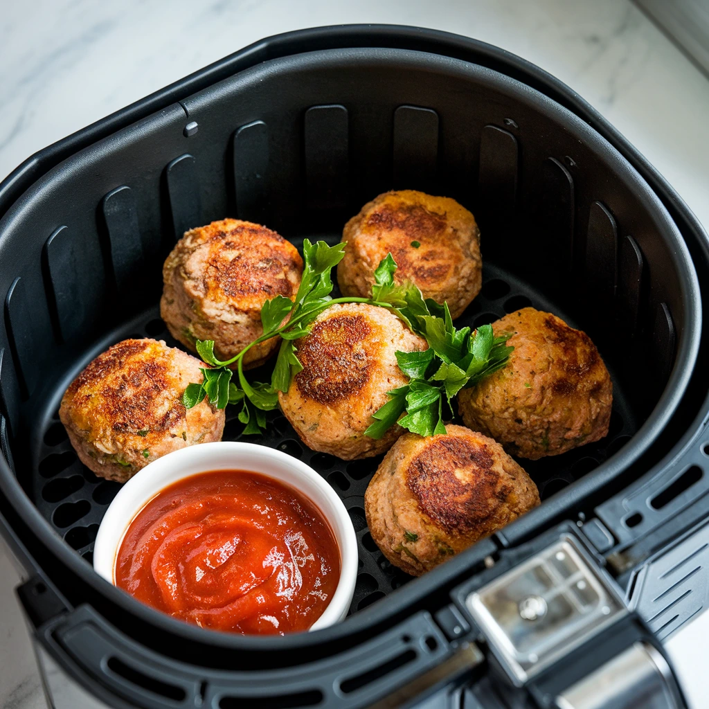 Close-up of crispy golden-brown meatballs cooked in an air fryer basket, garnished with parsley and served with marinara sauce.