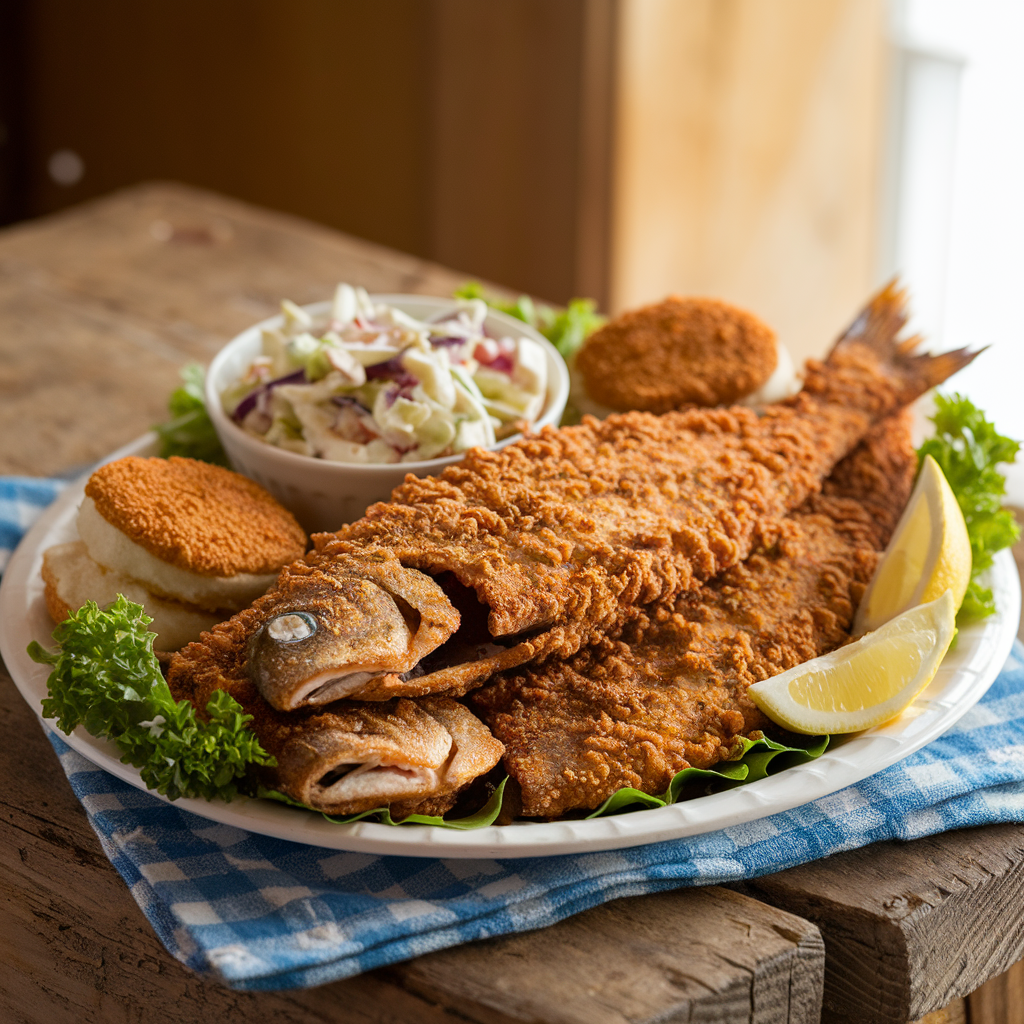 Crispy fried fish with hillbilly fish fry seasoning, served with coleslaw, hush puppies, and lemon wedges.