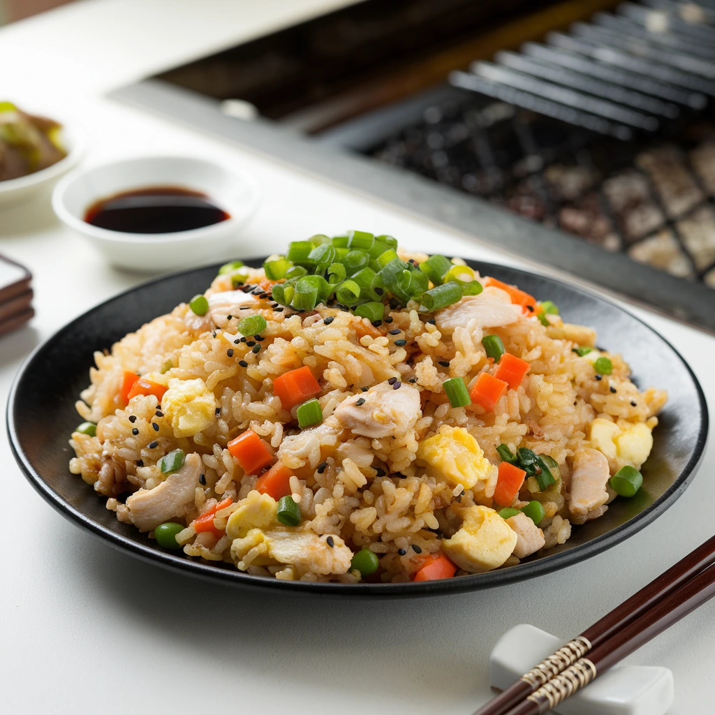 A plate of Benihana Chicken Fried Rice garnished with green onions and sesame seeds, served with chopsticks and soy sauce on the side.