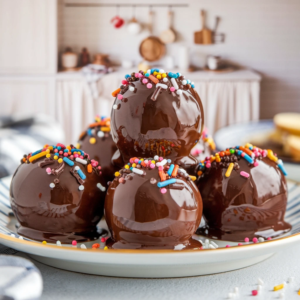 Butterfinger Balls coated in glossy chocolate with colorful sprinkles on a white plate in a cozy kitchen setting.