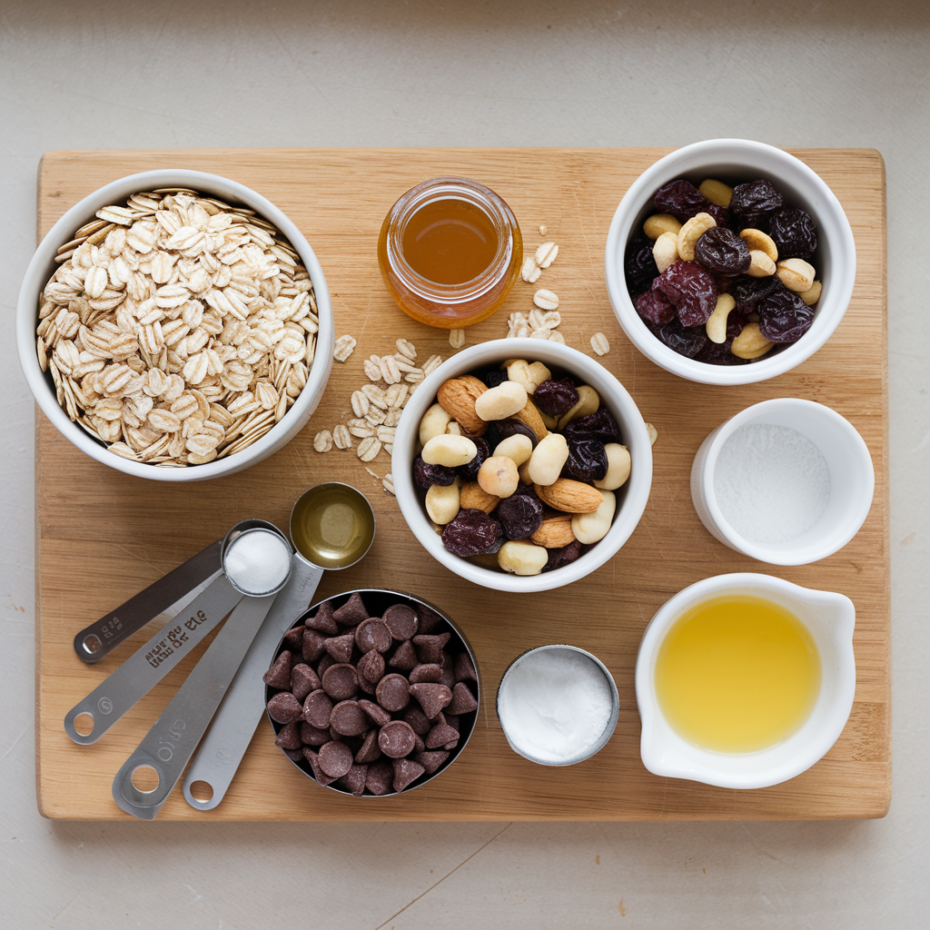 Ingredients for chewy granola bars including oats, honey, nuts, dried fruits, and chocolate chips on a wooden surface.