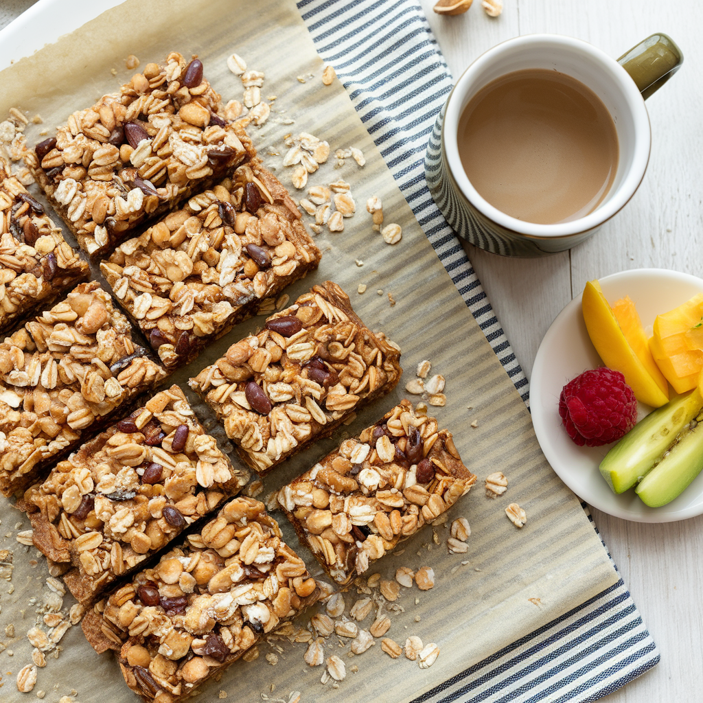 Freshly cut chewy granola bars on parchment paper, sprinkled with oats and seeds, paired with a cup of coffee.