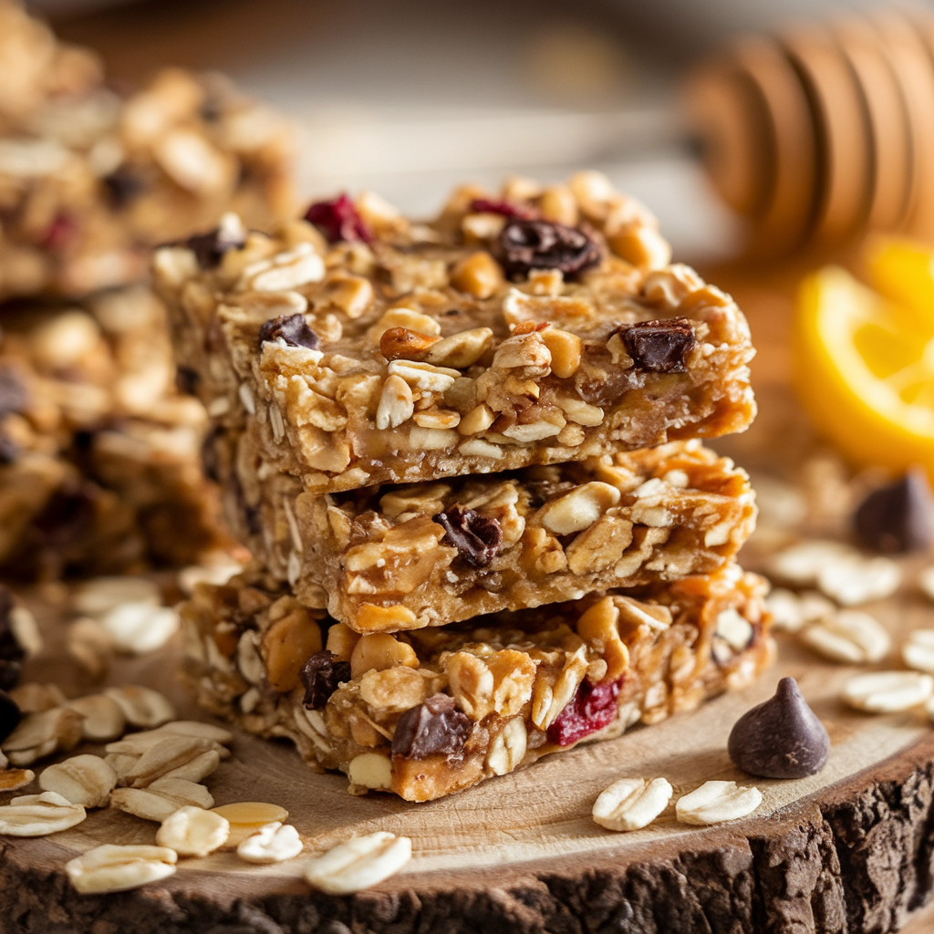 Homemade chewy granola bars stacked on a wooden board with visible oats, nuts, and dried fruits.