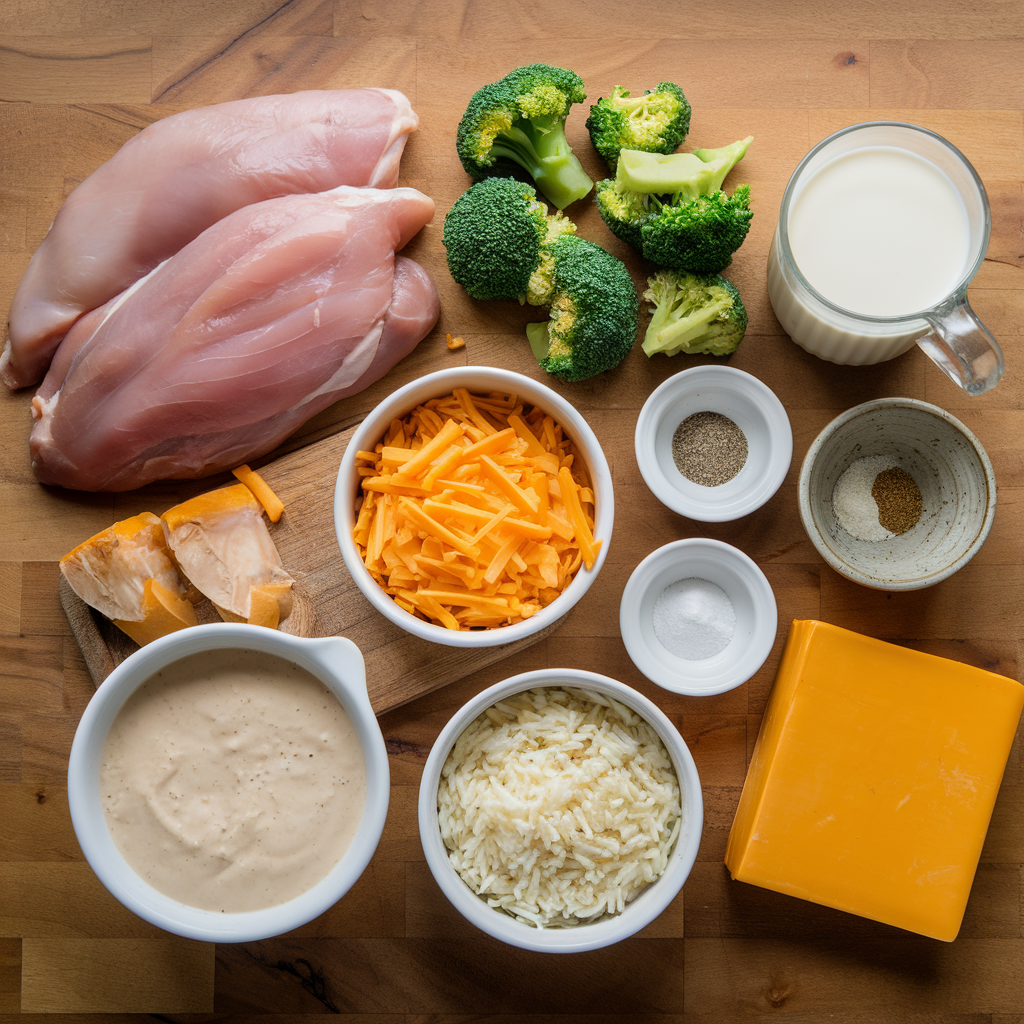 Ingredients for chicken broccoli rice casserole, including chicken, broccoli, and rice.