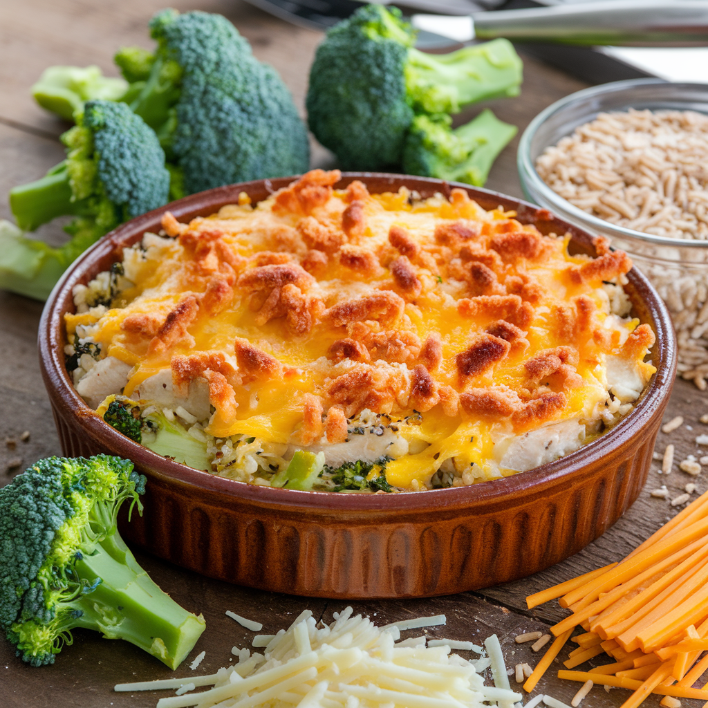 A baked chicken broccoli rice casserole with melted cheese and breadcrumbs in a rustic dish.