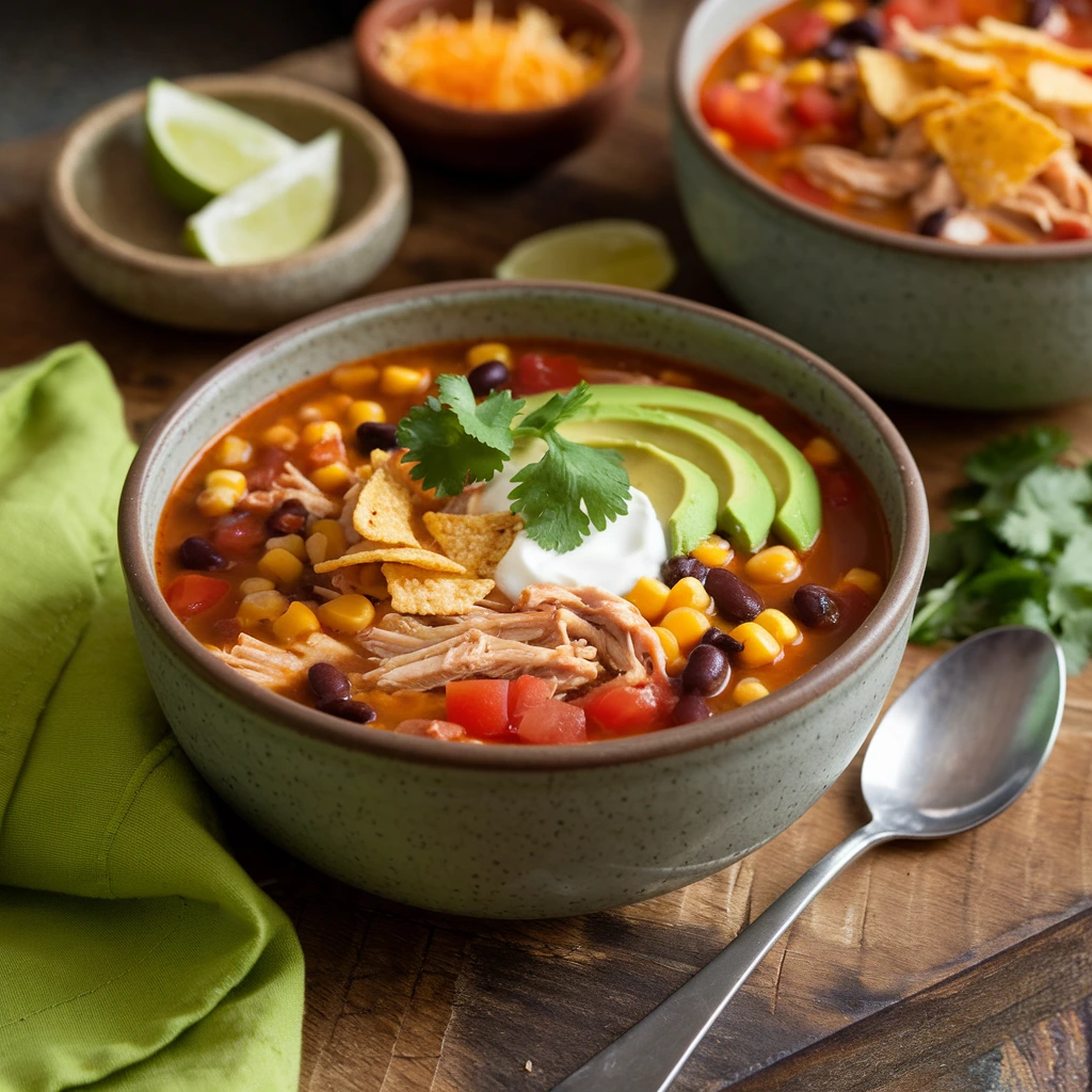 A bowl of chicken taco soup with vibrant toppings like cilantro, avocado, and tortilla chips, served on a rustic wooden table.