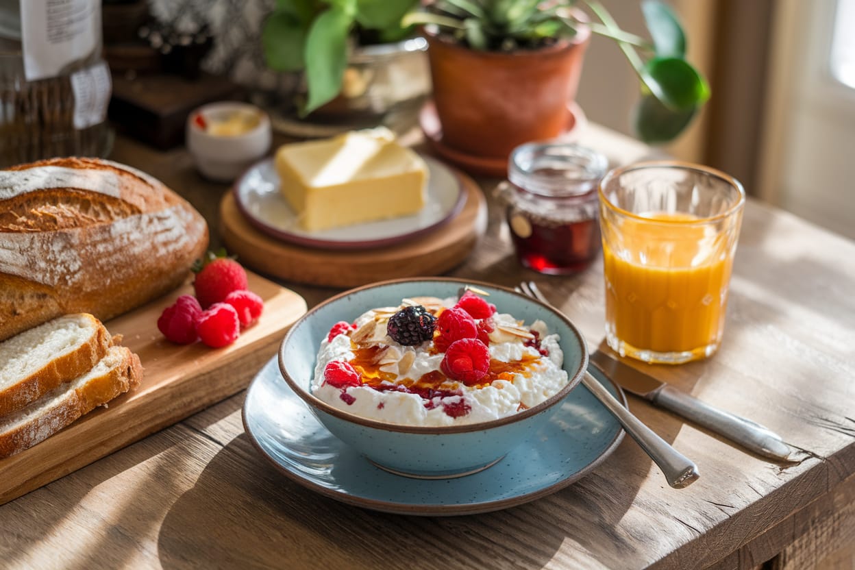 Cottage cheese breakfast bowl with fresh berries and honey.