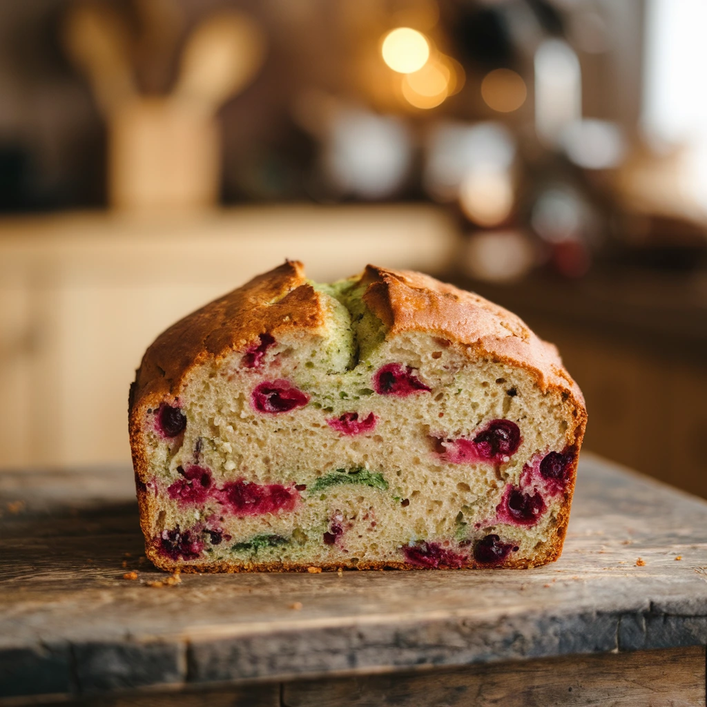 Freshly baked cranberry bread with green streaks on a rustic wooden table, surrounded by fresh cranberries.