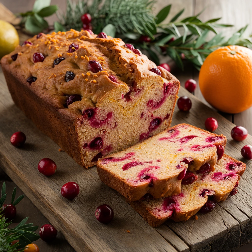 A loaf of cranberry orange bread sliced to reveal its moist texture, surrounded by fresh cranberries and an orange on a rustic wooden board.