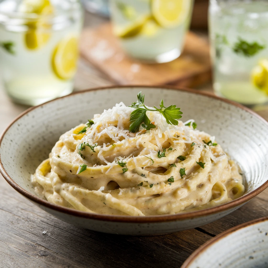 A bowl of creamy delicious pasta garnished with parsley and freshly grated Parmesan, served on a rustic wooden table with lemon-infused water in the background.