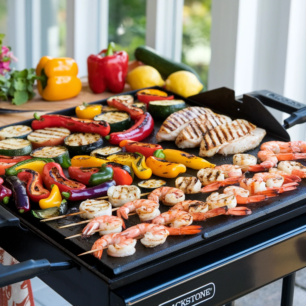 A Blackstone griddle loaded with grilled vegetables, chicken, and shrimp in an outdoor setting.