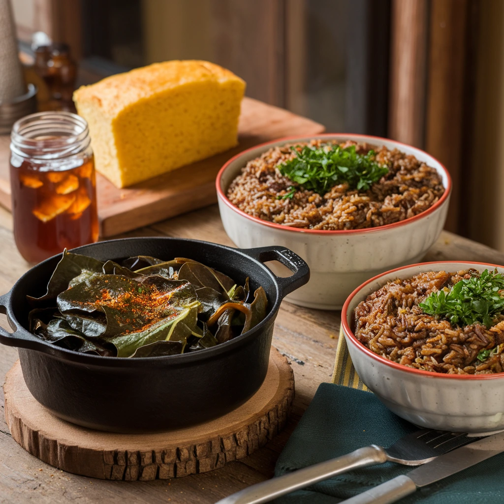 Southern comfort food spread with collard greens, dirty rice, cornbread, and iced tea on a rustic table.