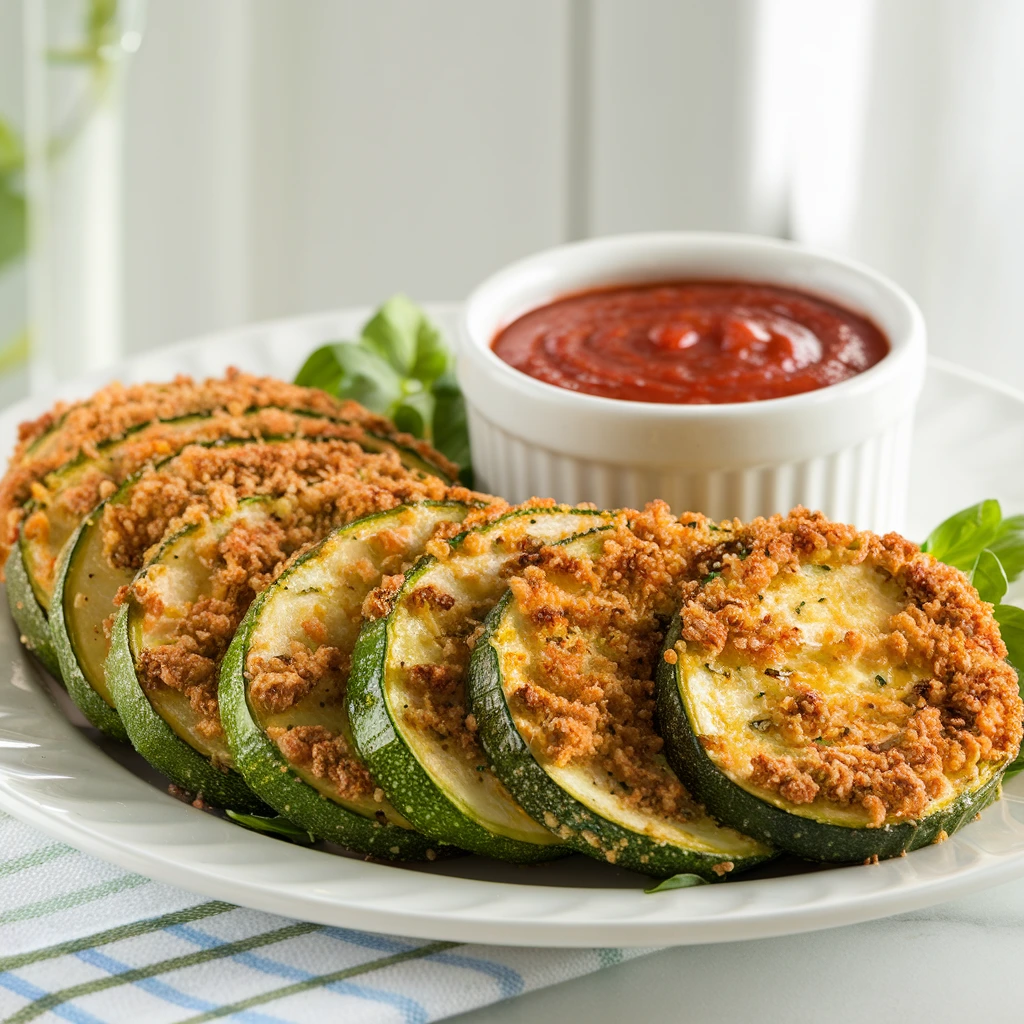 A plate of golden-brown Parmesan Crusted Zucchini slices served with marinara sauce.