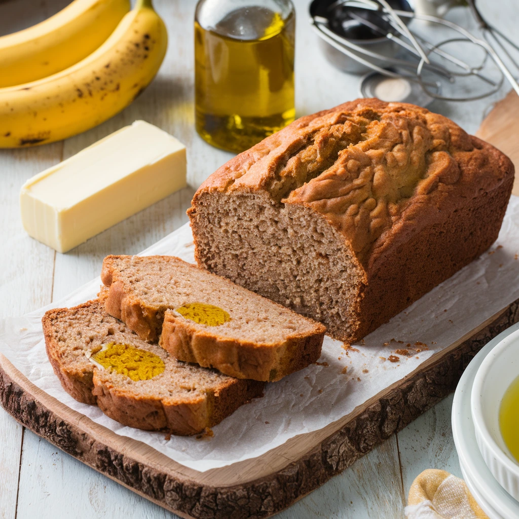 Freshly baked banana bread with slices topped with butter and olive oil.