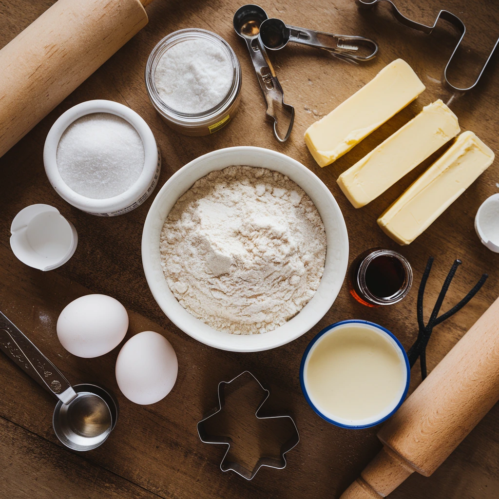 Ingredients for sugar cookies on a wooden surface, including flour, sugar, butter, eggs, vanilla extract, and measuring tools.