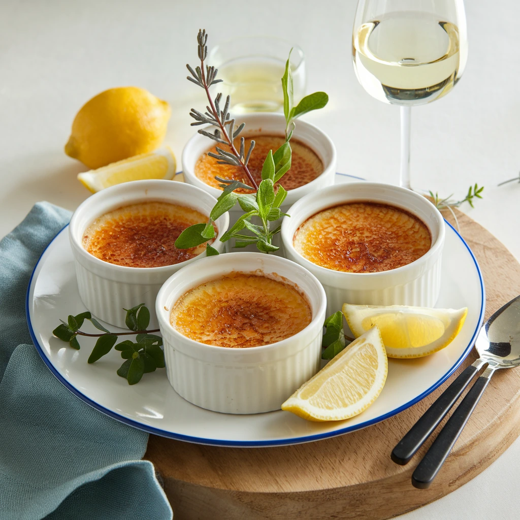 A luxurious Crab Brulee served in ramekins with a golden caramelized crust and garnished with herbs.