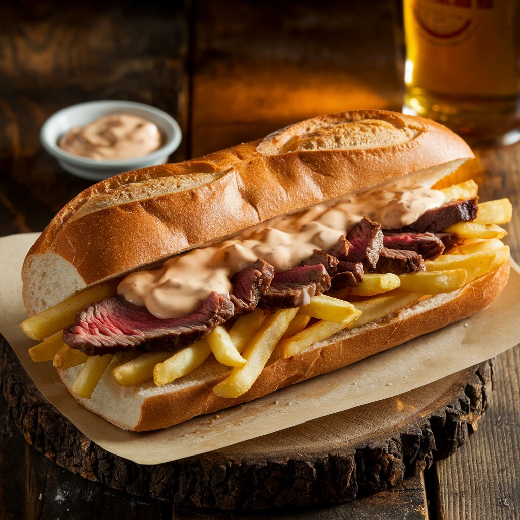 A Mitraillette Belgium sandwich filled with crispy fries, steak, and creamy andalouse sauce on a wooden table.