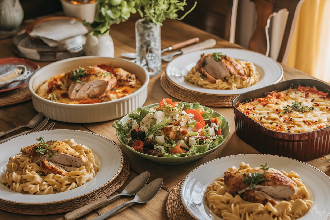 A variety of dishes made from leftover rotisserie chicken, including creamy pasta, salad, and cheesy casserole.