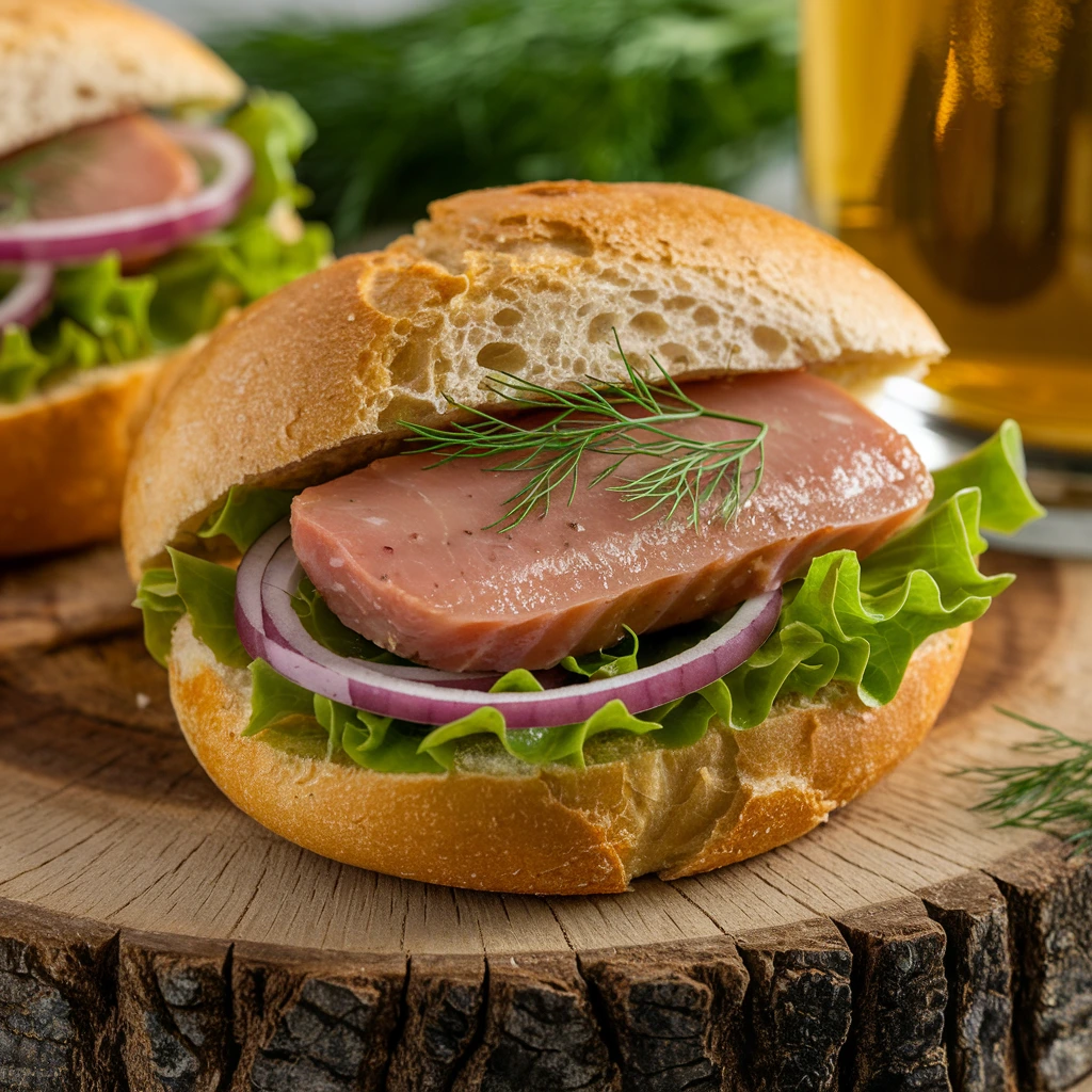 A close-up of freshly made Matjesbrötchen with lettuce, onions, Matjes fillet, and dill on a wooden board.