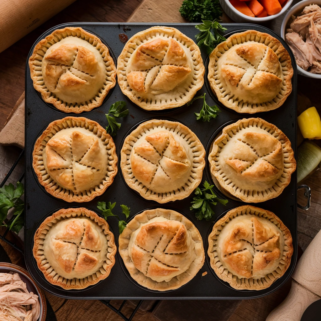 Overhead view of freshly baked mini chicken pot pies in a muffin tin, with golden flaky crusts, garnished with parsley, and surrounded by ingredients like shredded chicken and mixed vegetables.