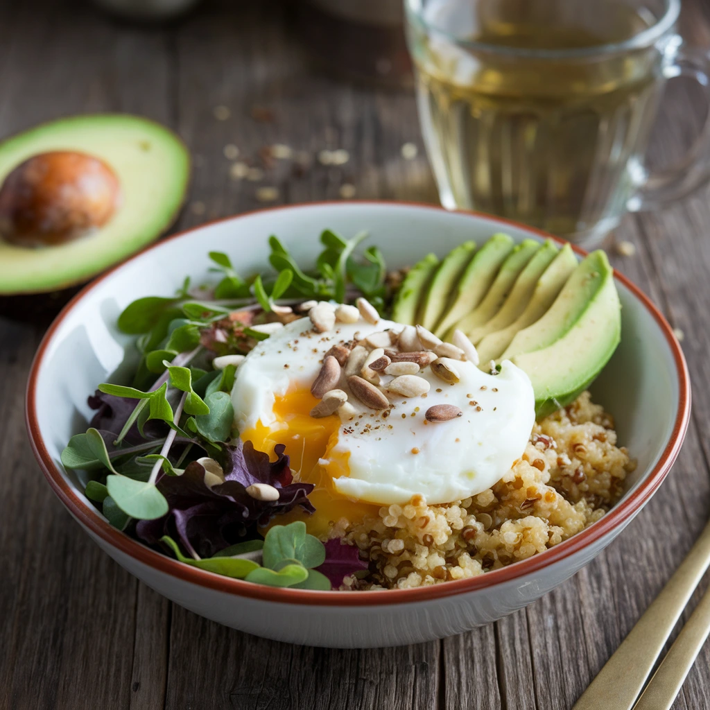 A gluten-free quinoa breakfast bowl with poached eggs, avocado, and greens.