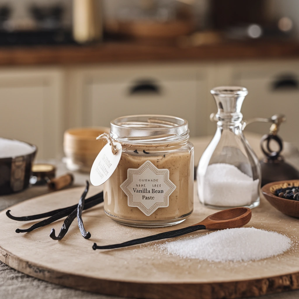 A jar of homemade vanilla bean paste surrounded by vanilla pods and sugar.