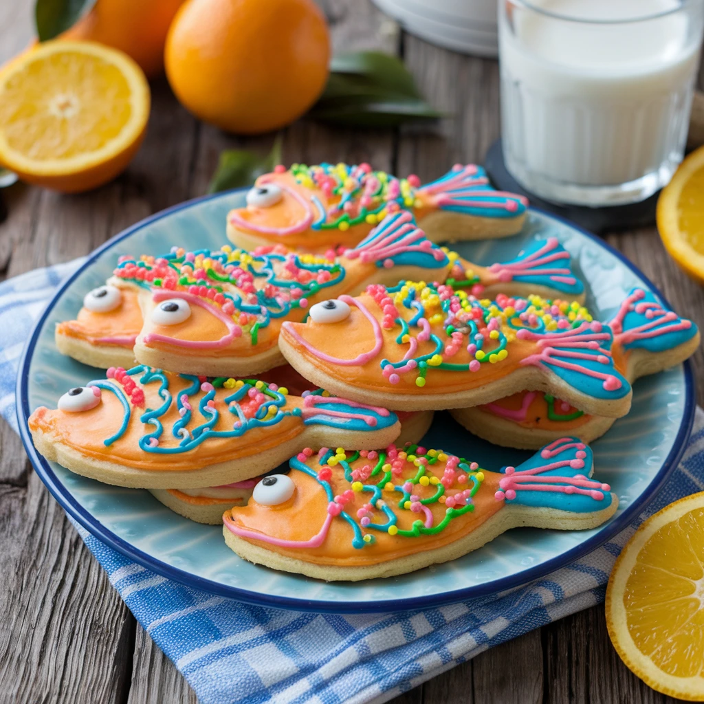 A plate of orange fish-shaped cookies decorated with icing and sprinkles on a rustic table.