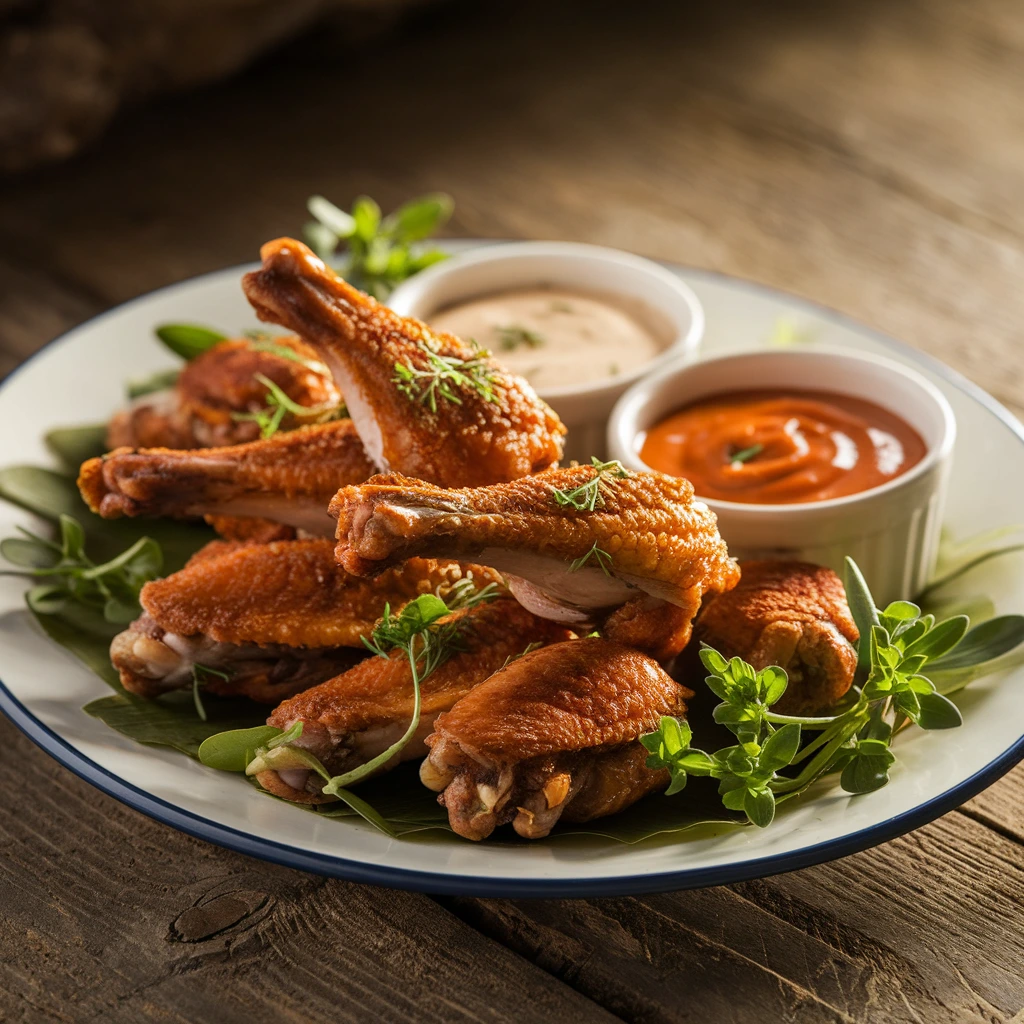 A plate of golden-brown crispy duck wings garnished with fresh herbs and served with dipping sauces on a rustic wooden table.