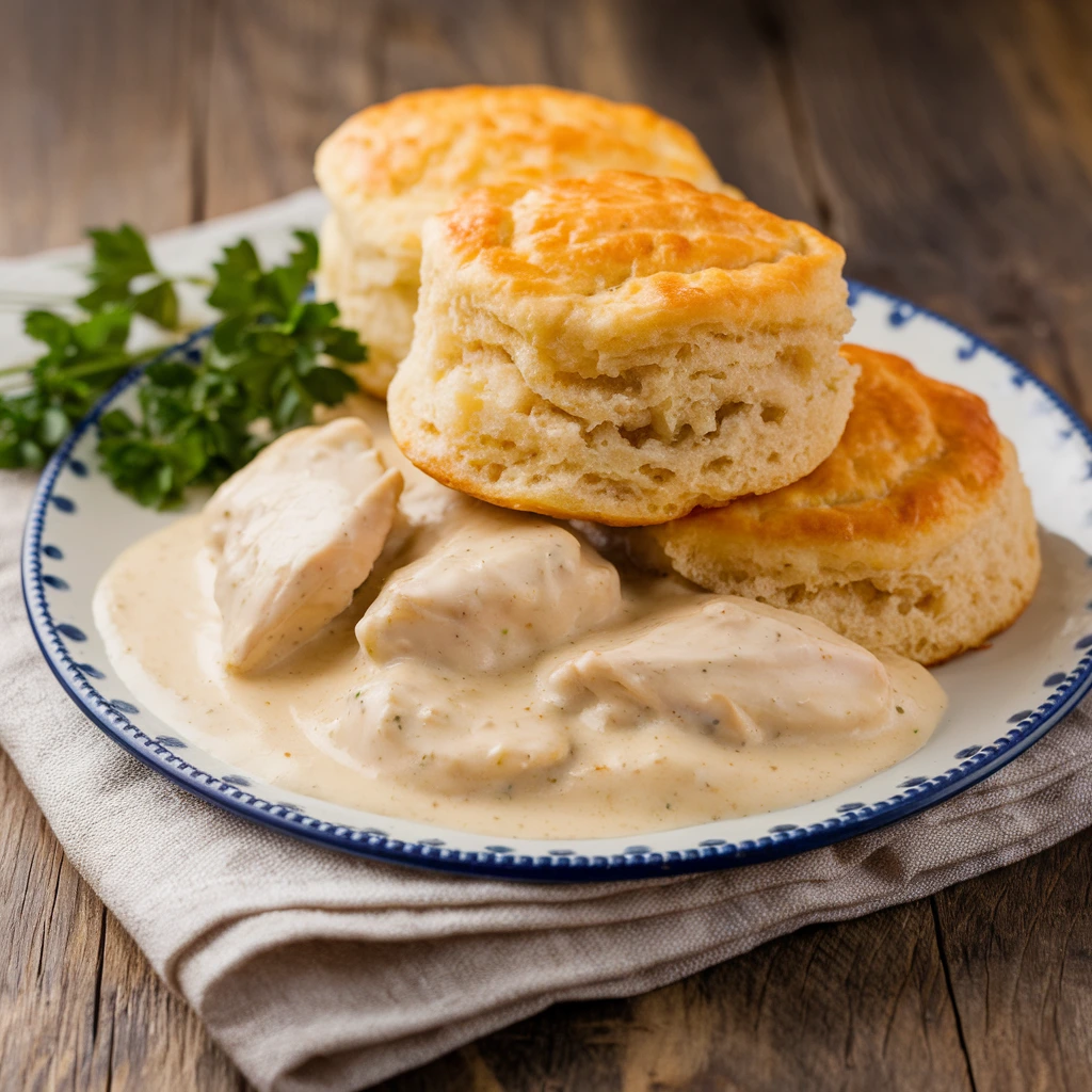 A plate of flaky biscuits covered in creamy chicken gravy on a rustic table with parsley garnish.