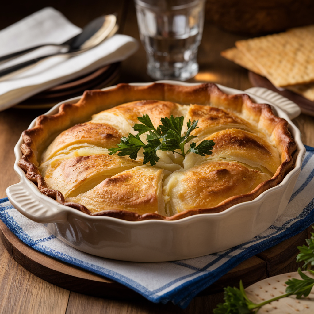 A golden Passover Potato Pie in a ceramic dish with parsley garnish on a wooden table.