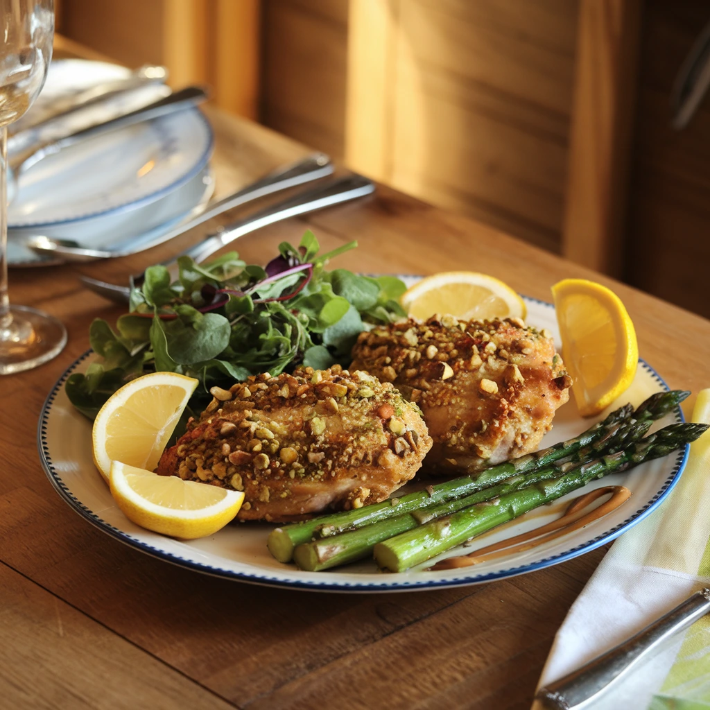 Pistachio-crusted chicken served with a green salad and roasted asparagus on a rustic table.