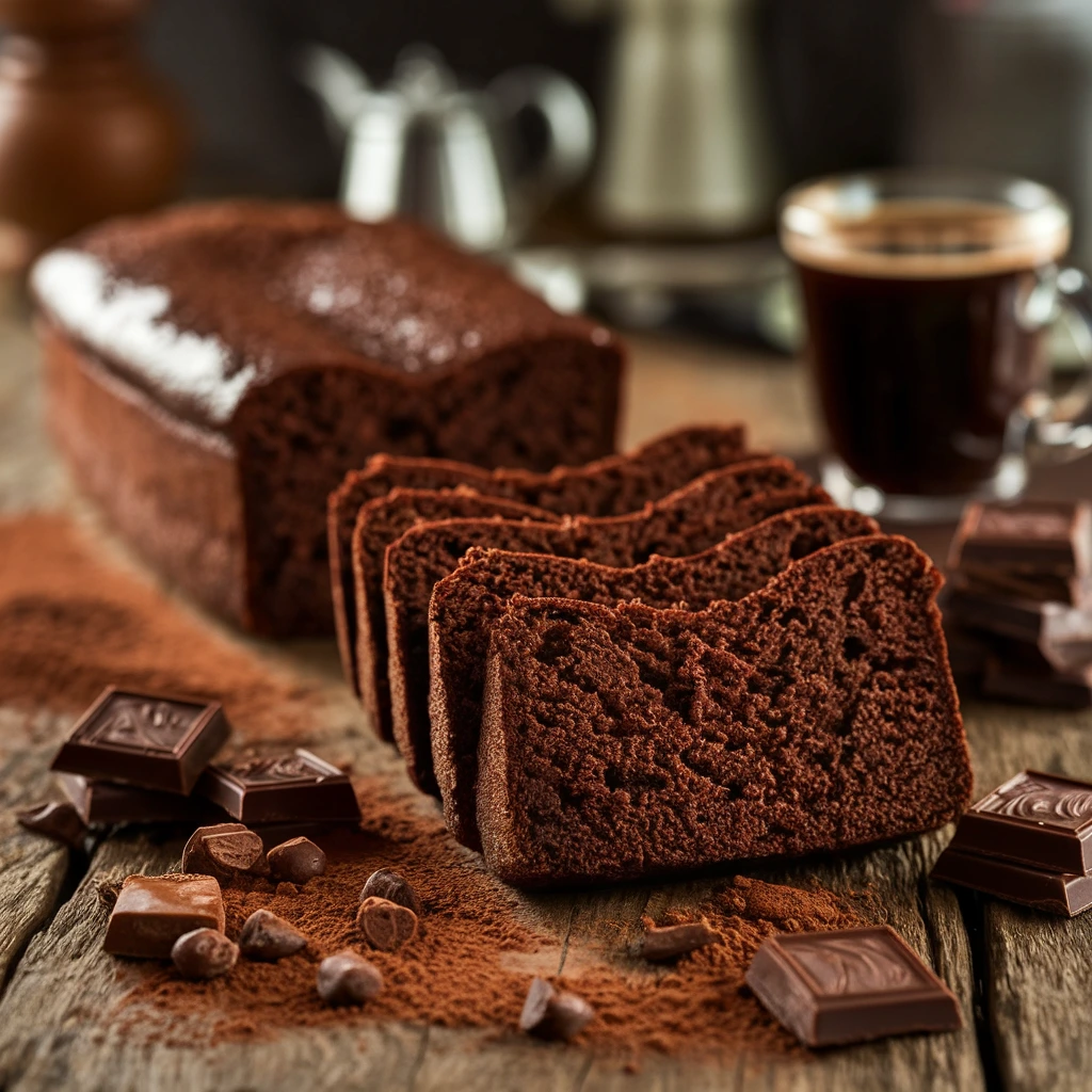 A sliced chocolate pound cake on a wooden table with cocoa powder and chocolate chunks.