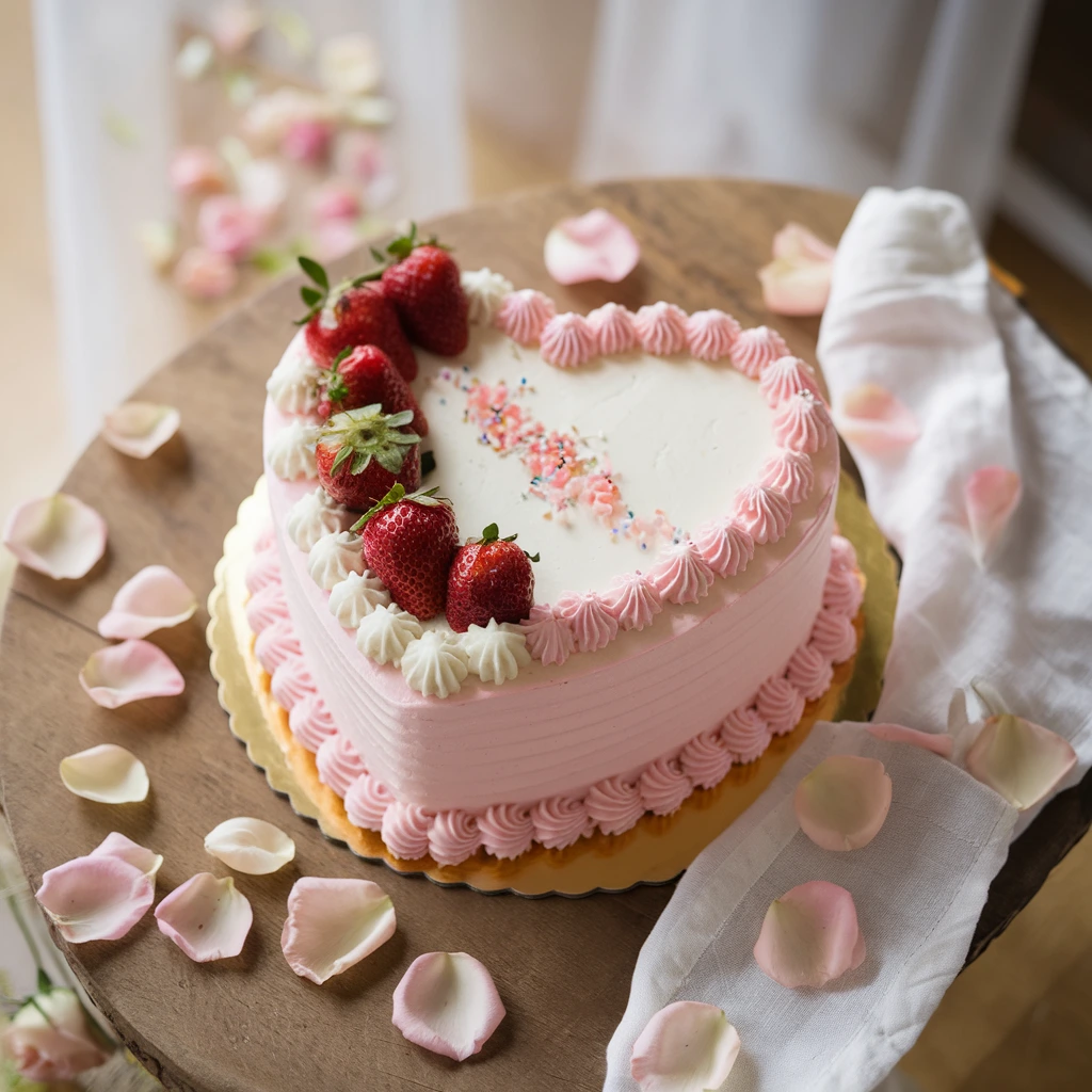 A beautifully decorated heart-shaped cake with pink frosting and fresh strawberries on a wooden table.