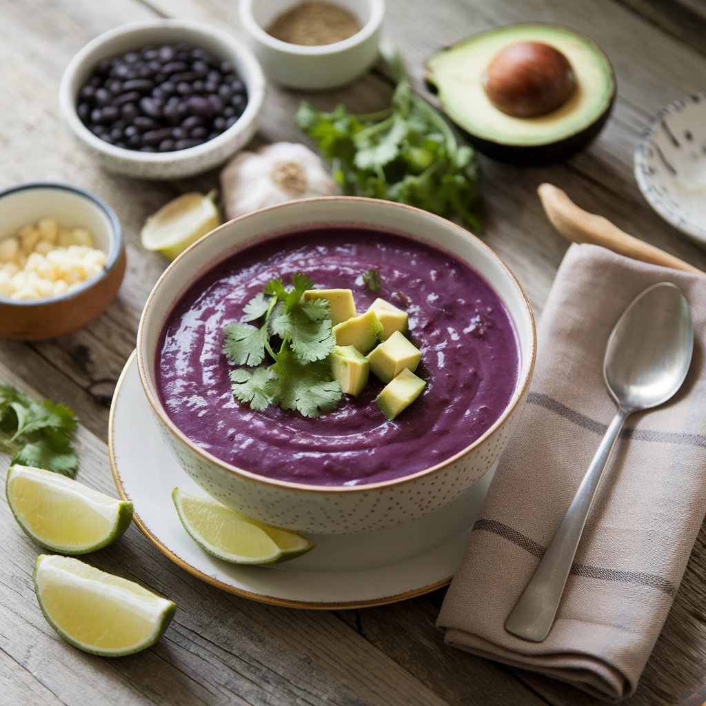 A vibrant bowl of purple black bean soup garnished with cilantro, avocado, and lime wedges on a rustic table.