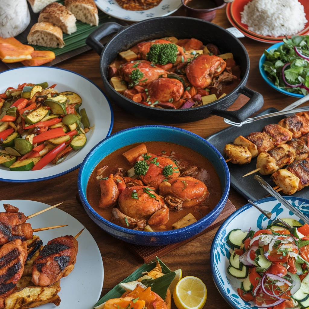 A variety of chicken heart dishes including skewers, stir-fry with vegetables, and a hearty stew served on a dining table.