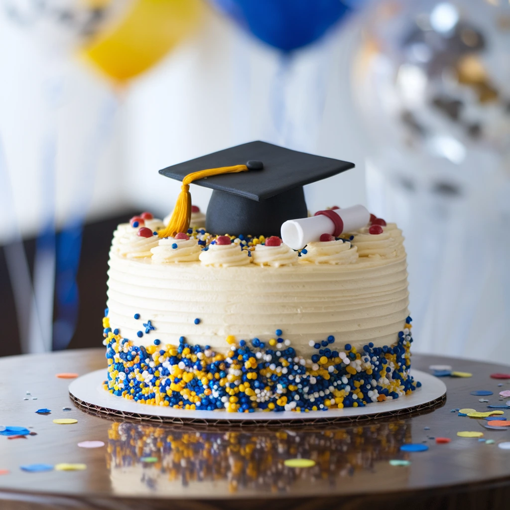 A colorful graduation cake with a cap and diploma topper on a wooden table.