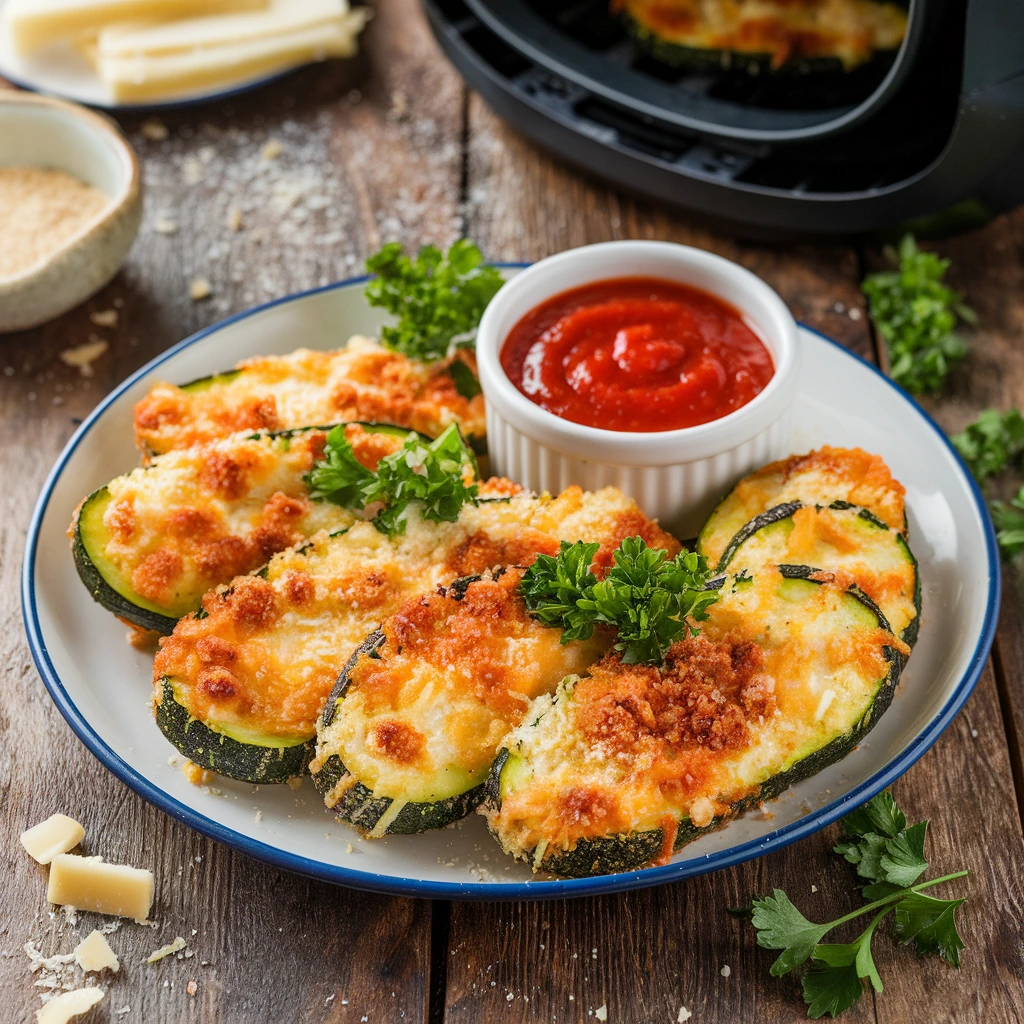 Crispy Air Fryer Zucchini Parmesan served with marinara sauce on a rustic wooden table. Title: Air Fryer Zucchini Parmesan with Marinara Sauce