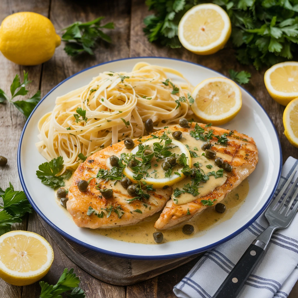 Plate of Chicken Piccata Maggiano's style with lemon-butter sauce, parsley, and pasta.