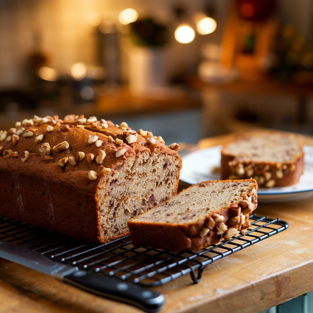 A freshly baked loaf of banana bread without butter cooling on a wire rack with a slice ready to serve.