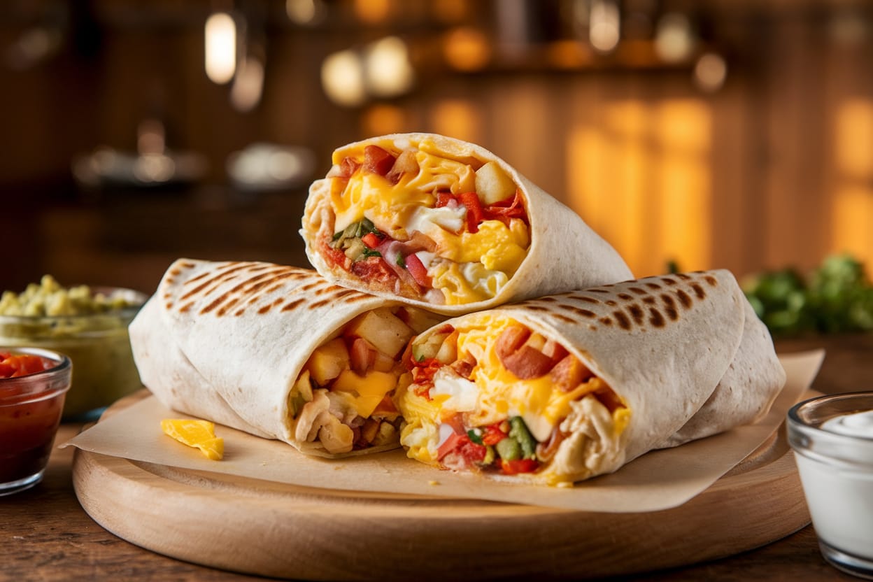 A breakfast burrito filled with crispy potatoes, eggs, cheese, and veggies, served with salsa and guacamole on a wooden board.