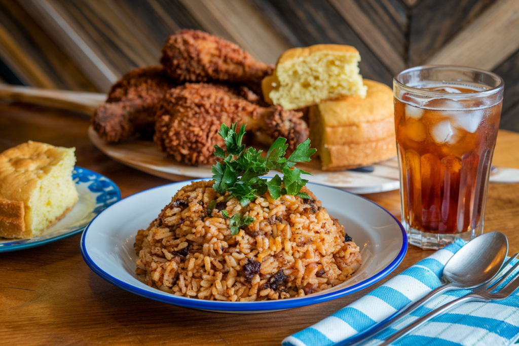 Plate of dirty rice garnished with parsley, served with fried chicken and cornbread on a Cajun-themed dinner table.