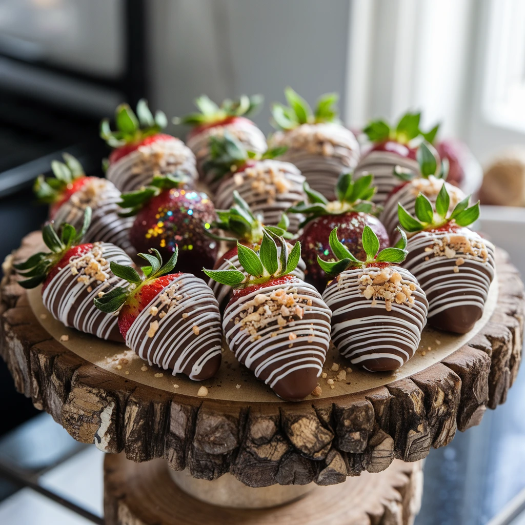 Glossy carob-covered strawberries garnished with nuts and coconut flakes on a wooden platter.