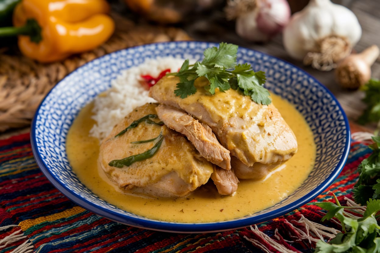 A plated Churu Chicken Amarillo dish garnished with cilantro, served with rice, and surrounded by Peruvian-inspired decor.