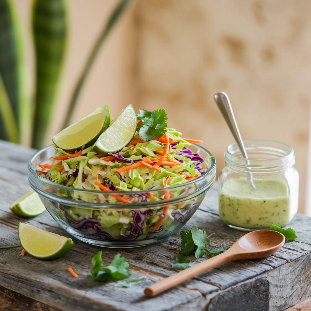 A bowl of cilantro lime coleslaw with colorful vegetables and lime wedges on a rustic table.