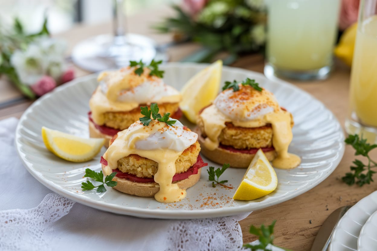 A beautifully plated Crab Cake Eggs Benedict with hollandaise sauce and poached eggs, garnished with parsley and paprika.