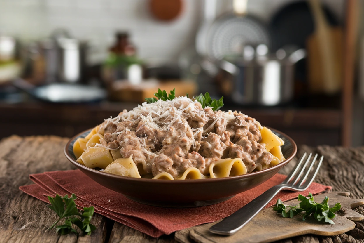 A bowl of creamy Ground Beef Alfredo pasta garnished with Parmesan cheese and parsley.