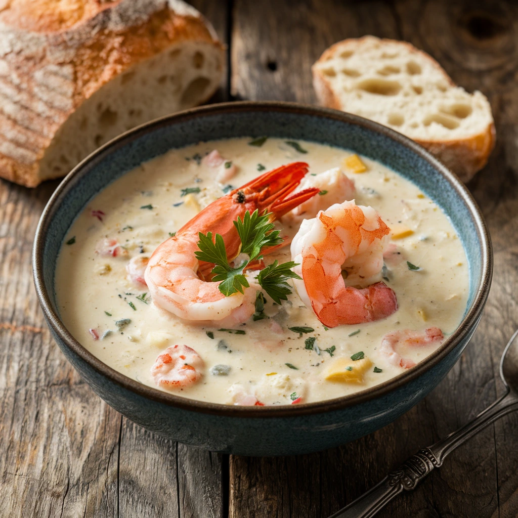 A bowl of shrimp and lobster chowder garnished with parsley, served with bread.