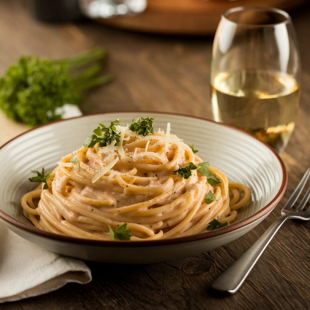 A dish of spaghetti coated in creamy sour cream sauce garnished with parsley and Parmesan.